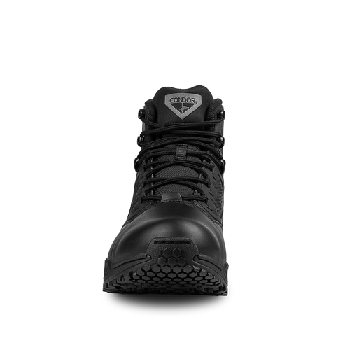 Front view of the Condor Brigade 6" Tactical Boots in black, featuring laces, reinforced toe, treaded sole, and Condor logo on the tongue against a white background.