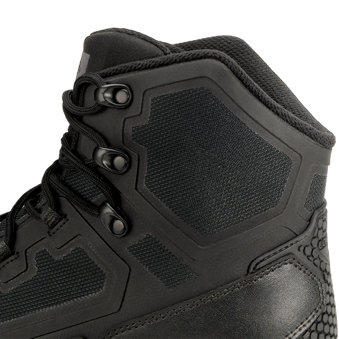 Close-up of the Condor Brigade 6" Tactical Boots (Black), highlighting detailed stitching, metal eyelets, textured fabric panels, and padded ankle support.