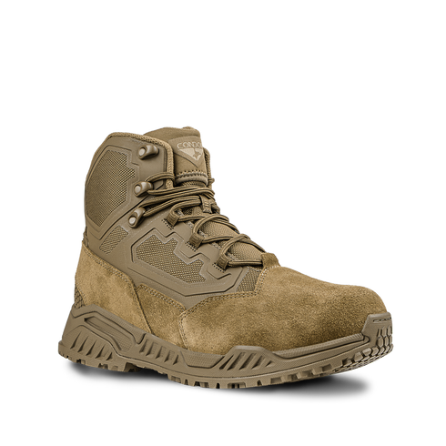 Condor Brigade 6" Tactical Boots in Coyote Brown feature a rugged tread, mesh panels, reinforced toe, lace-up front, and branded tongue, displayed against a plain white background.
