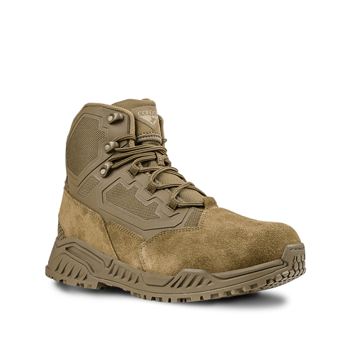 The Condor Brigade 6" Tactical Boots in Coyote Brown feature a rugged sole, mesh and suede panels, metal eyelets, and reinforced stitching. Shown on a plain white background.