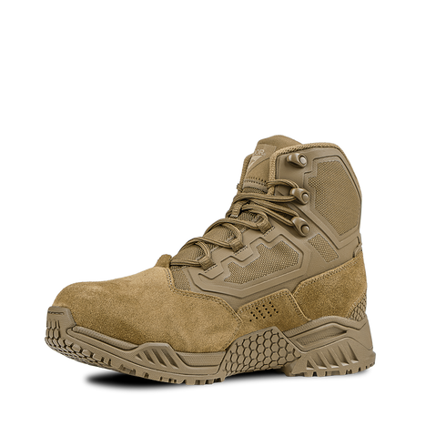 The Condor Brigade 6" Tactical Boots in Coyote Brown feature rugged tread, reinforced toe, ankle support, and a blend of suede and synthetic materials.