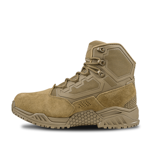 The Condor Brigade 6" Tactical Boots in Coyote Brown feature a rugged sole, textured panels, high ankle support, and a lace-up closure, displayed in profile view against a white background.