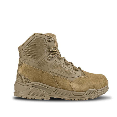 Condor Brigade 6" Tactical Boots in Coyote Brown feature a rugged rubber sole, mesh and suede panels, reinforced ankle support, and lace-up front, shown in profile against a white background.