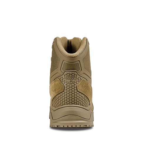Brigade 6" Tactical Boots in coyote brown by Condor shown from the back, displaying textured panels, mesh fabric, suede accents, and the Condor brand name on the heel.