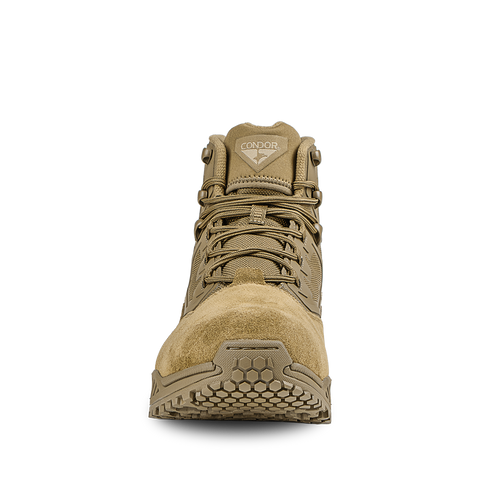 Front view of Condor Brigade 6" Tactical Boots in Coyote Brown, featuring laces, mesh fabric, and a textured rubber sole, displayed on a plain white background.