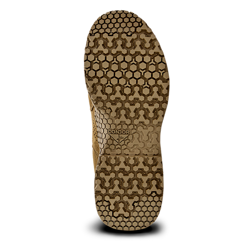 The image shows the sole of a Condor Brigade 6" Tactical Boot in coyote brown, featuring a honeycomb-patterned tread and the word "CONDOR" displayed near the arch.