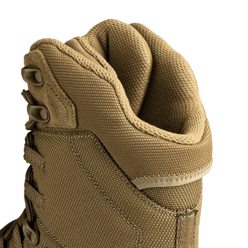 Close-up of the upper section of Condor Brigade 8" Tactical Boots - AR670, highlighting the laces, eyelets, and textured tan fabric construction against a white background.
