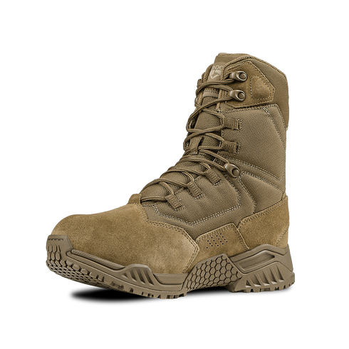 The Condor Brigade 8" Tactical Boots - AR670 feature a tan rugged sole, high ankle support, and a lace-up front, designed for outdoor or military use, shown on a white background.