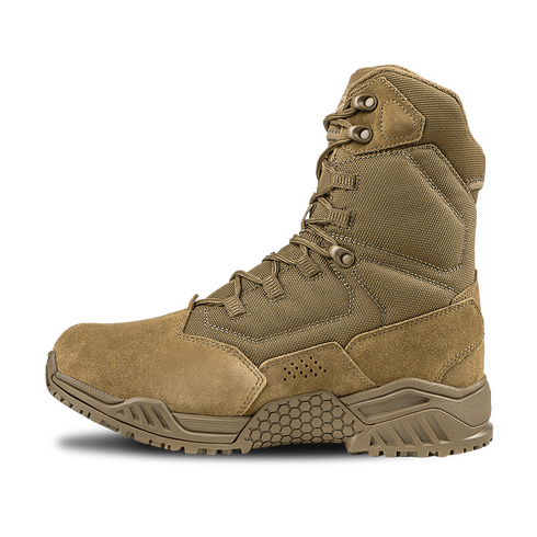 The Condor Brigade 8" Tactical Boots - AR670 feature a tan design with rugged sole, high ankle support, lace-up front, and reinforced stitching, shown on a white background.
