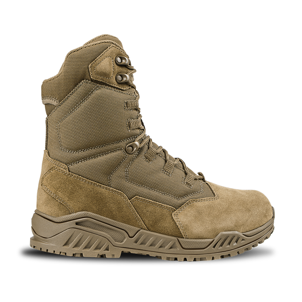 The Condor Brigade 8" Tactical Boots - AR670 are tan, high-ankle boots with a lace-up front, rugged sole, and reinforced panels, shown in a side profile on a white background.