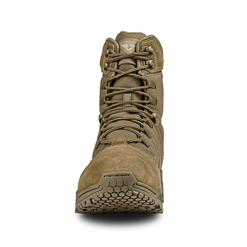 Front view of the Condor Brigade 8" Tactical Boots - AR670 in tan, featuring laces and a rugged rubber sole, photographed on a plain white background.