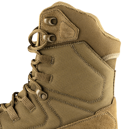 Close-up of the Condor Brigade 8" Tactical Boots - AR670 shows tan color, metal eyelets, durable fabric, and reinforced stitching on the side and ankle.