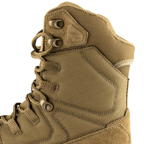 Close-up of the Condor Brigade 8" Tactical Boots - AR670 in tan, featuring metal eyelets, durable fabric, and reinforced stitching in a high-top design.