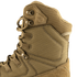 Close-up of the Condor Brigade 8" Tactical Boots - AR670 in tan, featuring metal eyelets, durable fabric, and reinforced stitching in a high-top design.