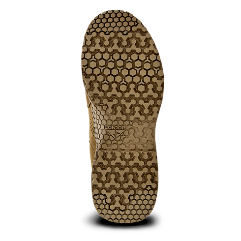 The image shows the sole of the Condor Brigade 8" Tactical Boots - AR670 in tan, featuring a hexagonal geometric tread pattern and the word "CONDOR" printed near the arch.