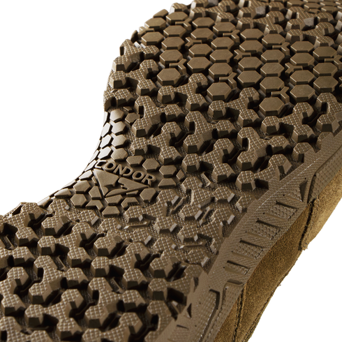 Close-up view of the Condor Brigade 8" Tactical Boots - AR670 outsole, featuring a brown finish and detailed hexagonal tread; "CONDOR" is visible on the sole.