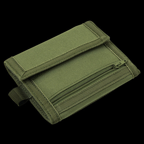The Condor Vault Tri-Fold Wallet in olive green tactical fabric features a zipper pocket and a fold-over flap, displayed on a white background.