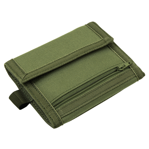 The Condor Vault Tri-Fold Wallet in olive green tactical fabric features a zipper pocket and a fold-over flap, displayed on a white background.