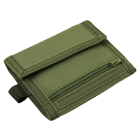 The Condor Vault Tri-Fold Wallet in olive green tactical fabric features a zipper pocket and a fold-over flap, displayed on a white background.
