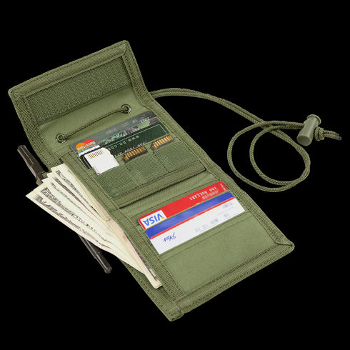 The Condor Vault Tri-Fold Wallet is an open green tactical fabric wallet, featuring separate compartments for cash, credit cards, and a pen, plus a cord with a plastic toggle.