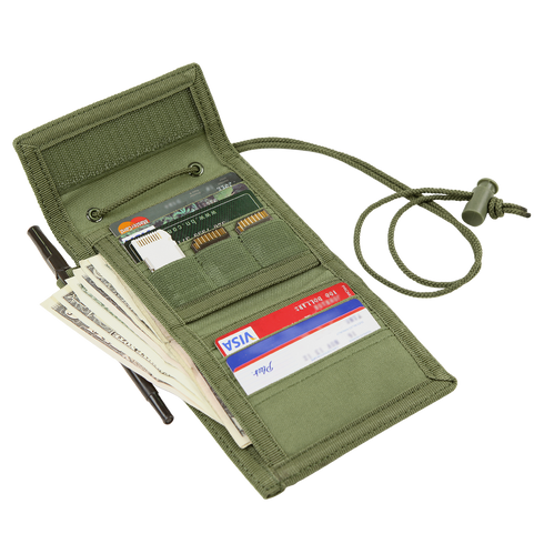 The Condor Vault Tri-Fold Wallet is an open green tactical fabric wallet, featuring separate compartments for cash, credit cards, and a pen, plus a cord with a plastic toggle.