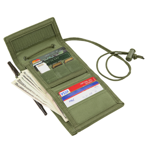 The Condor Vault Tri-Fold Wallet is an open green tactical fabric wallet, featuring separate compartments for cash, credit cards, and a pen, plus a cord with a plastic toggle.