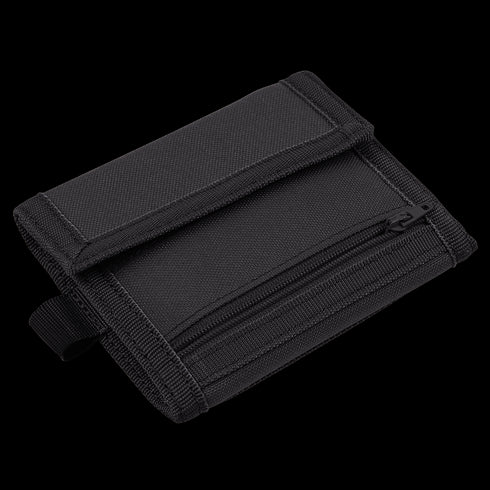 The Condor Vault Tri-Fold Wallet, made of black tactical fabric, features a front zipper pocket and a fold-over flap closure, displayed against a plain background.