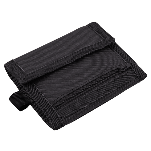 The Condor Vault Tri-Fold Wallet, made of black tactical fabric, features a front zipper pocket and a fold-over flap closure, displayed against a plain background.