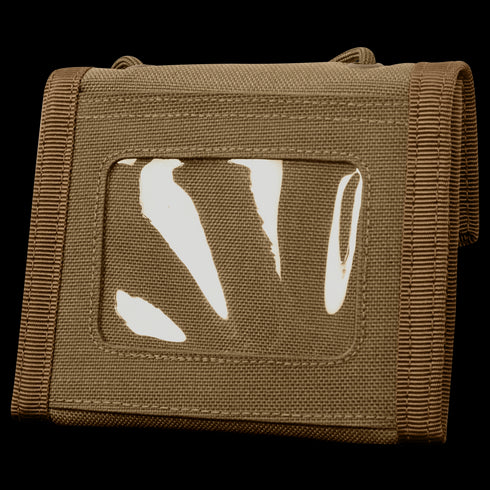The Condor Vault Tri-Fold Wallet is a tan fabric pouch with a clear front window, designed for first responders or law enforcement to securely hold and display IDs or documents.