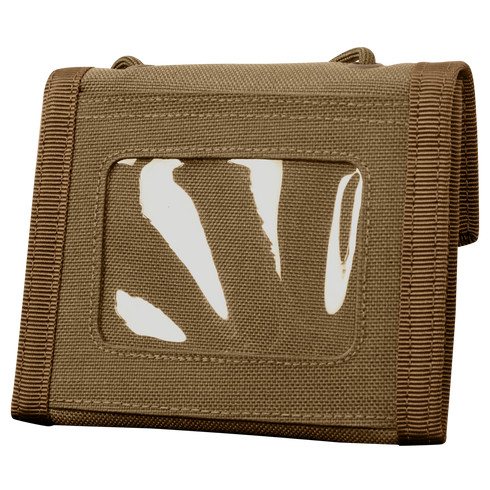 The Condor Vault Tri-Fold Wallet is a tan fabric pouch with a clear front window, designed for first responders or law enforcement to securely hold and display IDs or documents.