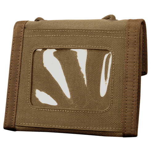 The Condor Vault Tri-Fold Wallet is a tan fabric pouch with a clear front window, designed for first responders or law enforcement to securely hold and display IDs or documents.