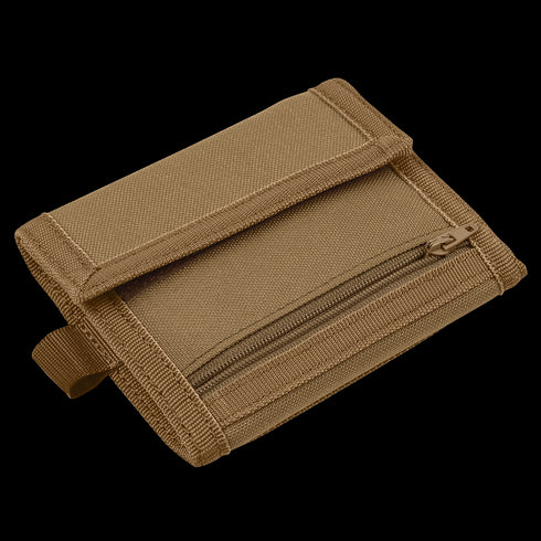 The Condor Vault Tri-Fold Wallet is a tan, rectangular fabric wallet with a front zipper pocket and flap closure, designed for first responders or military use.