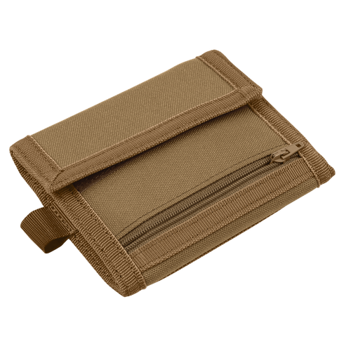 The Condor Vault Tri-Fold Wallet is a tan, rectangular fabric wallet with a front zipper pocket and flap closure, designed for first responders or military use.