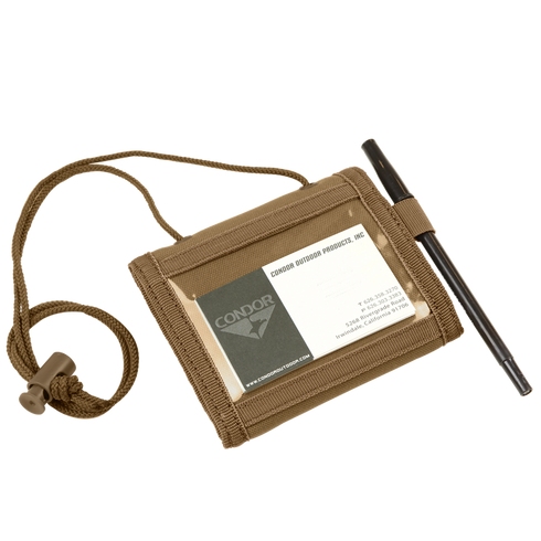 The Condor Vault Tri-Fold Wallet is a tan nylon ID holder with a clear card window, attached neck lanyard, and elastic pen loop. Perfect for law enforcement or military professionals.