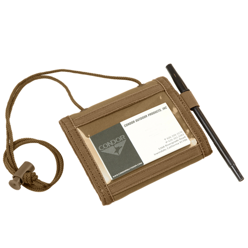 The Condor Vault Tri-Fold Wallet is a tan nylon ID holder with a clear card window, attached neck lanyard, and elastic pen loop. Perfect for law enforcement or military professionals.