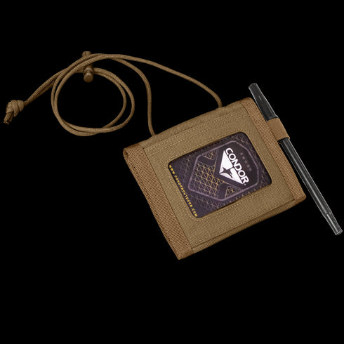 The Condor Vault Tri-Fold Wallet in tan features tactical fabric, a clear ID window for cards, an attached lanyard, and a side slot to hold a black pen.