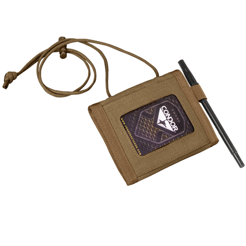 The Condor Vault Tri-Fold Wallet in tan features tactical fabric, a clear ID window for cards, an attached lanyard, and a side slot to hold a black pen.