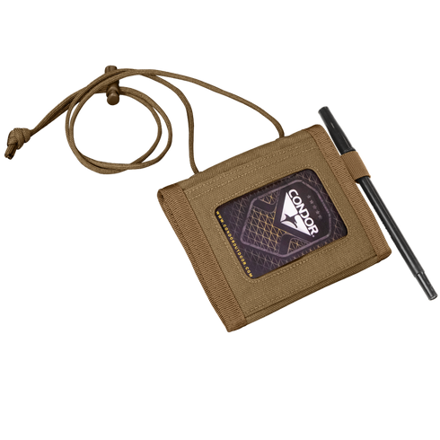 The Condor Vault Tri-Fold Wallet in tan features tactical fabric, a clear ID window for cards, an attached lanyard, and a side slot to hold a black pen.