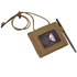 The Condor Vault Tri-Fold Wallet in tan features tactical fabric, a clear ID window for cards, an attached lanyard, and a side slot to hold a black pen.