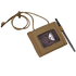 The Condor Vault Tri-Fold Wallet in tan features tactical fabric, a clear ID window for cards, an attached lanyard, and a side slot to hold a black pen.