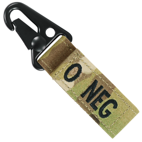 The Condor Blood Type Key Chain Scorpion OCP features camo fabric, a black metal clip, and O NEG text—perfect for EDC or law enforcement pros displaying their blood type.
