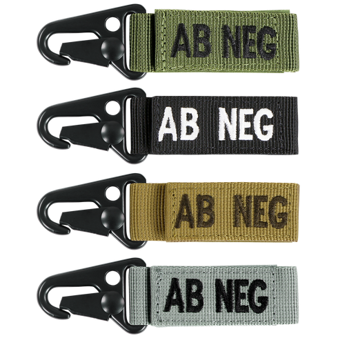 Condor Blood Type Key Chain set: four keychains with black clasps and AB NEG fabric tags in green, black, tan, and gray.