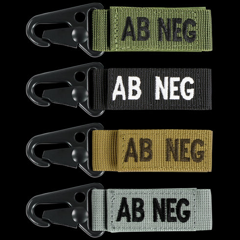 Condor Blood Type Key Chain set: four keychains with black clasps and AB NEG fabric tags in green, black, tan, and gray.