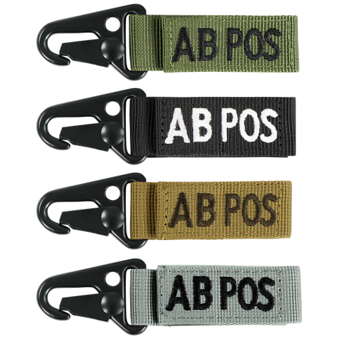 The Condor Blood Type Key Chain set includes four keychain straps with plastic clips, each labeled AB POS in green, black, brown, and gray for AB positive blood type identification.