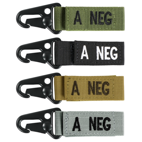 Condor Blood Type Key Chain: four metal-clip, fabric-strap keychains labeled A NEG in green, black, tan, and gray.