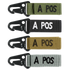 The Condor Blood Type Key Chain set includes four keychains with black metal clips and fabric straps in green, black, brown, and gray, each featuring “A POS” embroidered text.