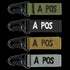 The Condor Blood Type Key Chain set includes four keychains with black metal clips and fabric straps in green, black, brown, and gray, each featuring “A POS” embroidered text.