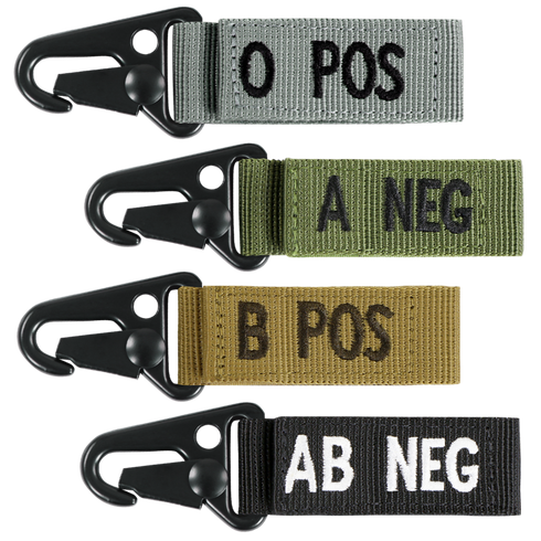 The Condor Blood Type Key Chain set features four fabric keychains with plastic clips, each labeled O POS, A NEG, B POS, or AB NEG on different colored straps.