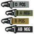 The Condor Blood Type Key Chain set features four fabric keychains with plastic clips, each labeled O POS, A NEG, B POS, or AB NEG on different colored straps.