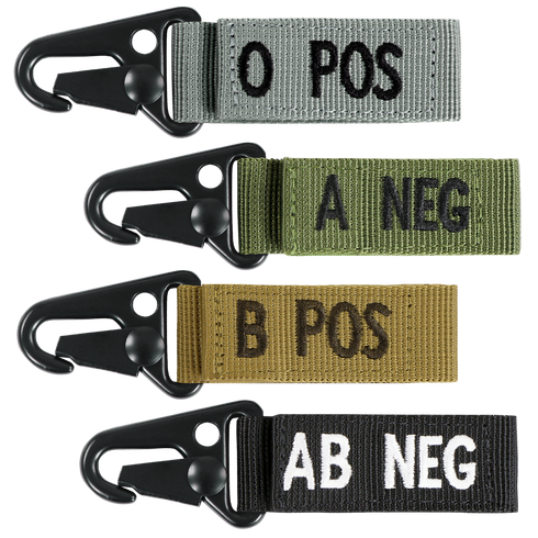 The Condor Blood Type Key Chain set features four fabric keychains with plastic clips, each in a unique color and labeled O POS, A NEG, B POS, or AB NEG.
